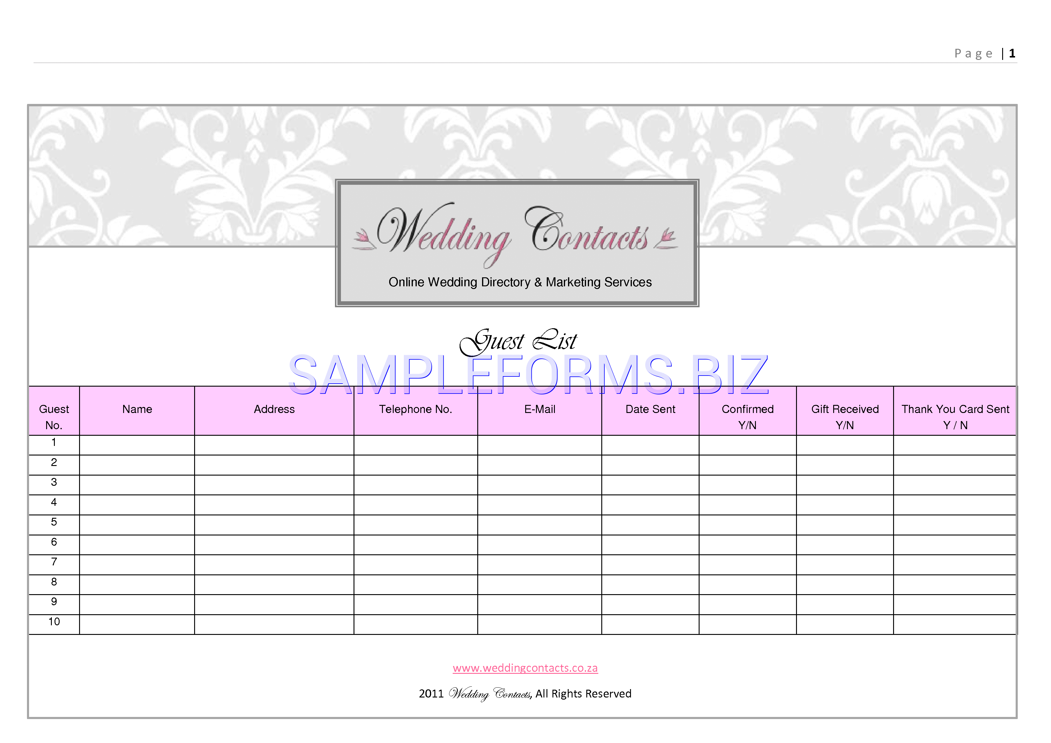 Preview free downloadable Wedding Guest List Template 2 in PDF (page 1)